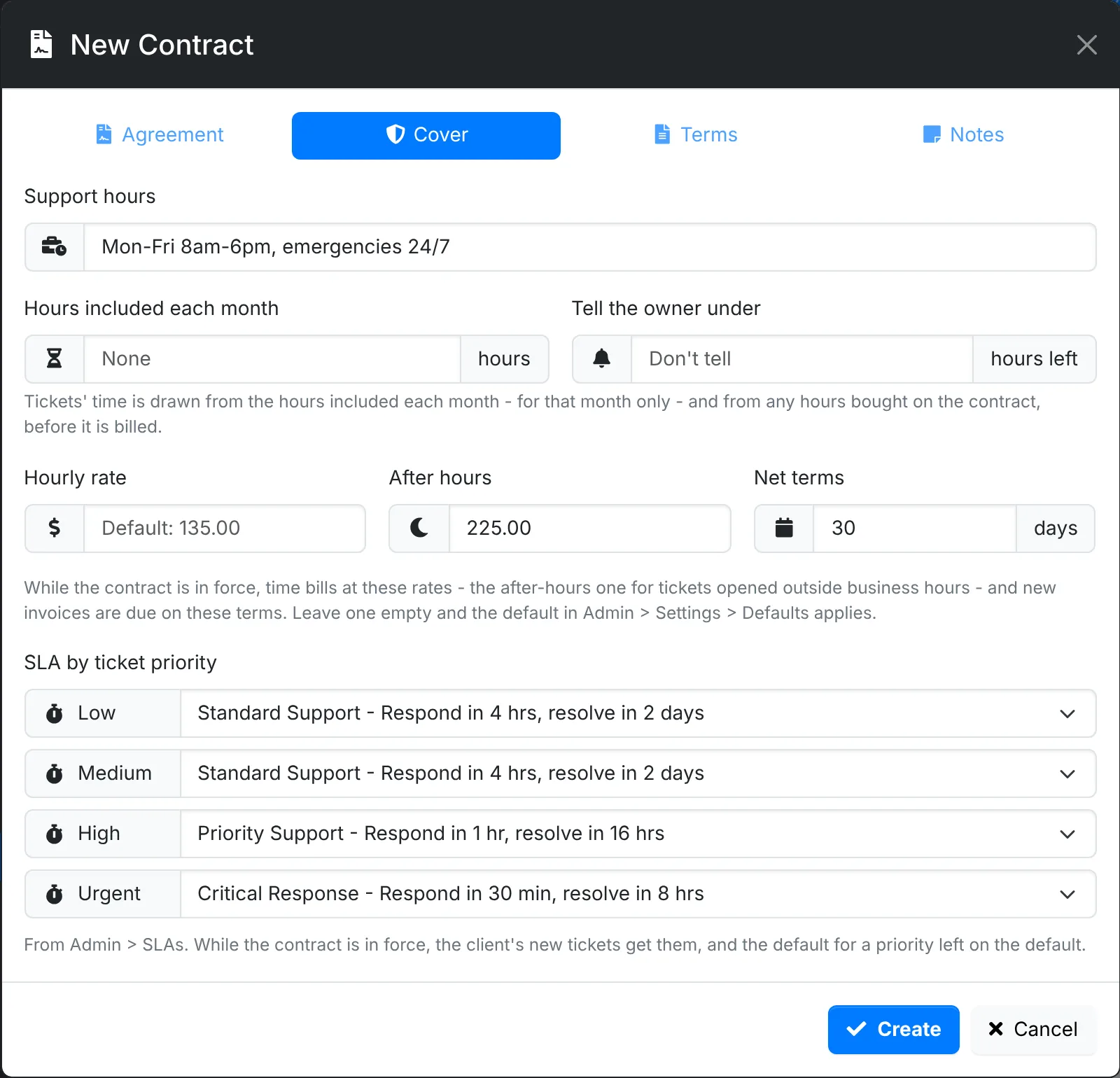 New Contract, the Cover tab