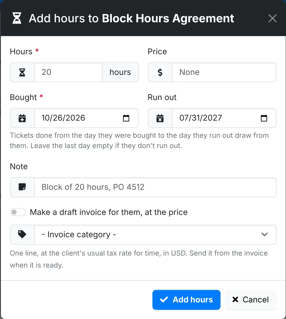 The Add hours window