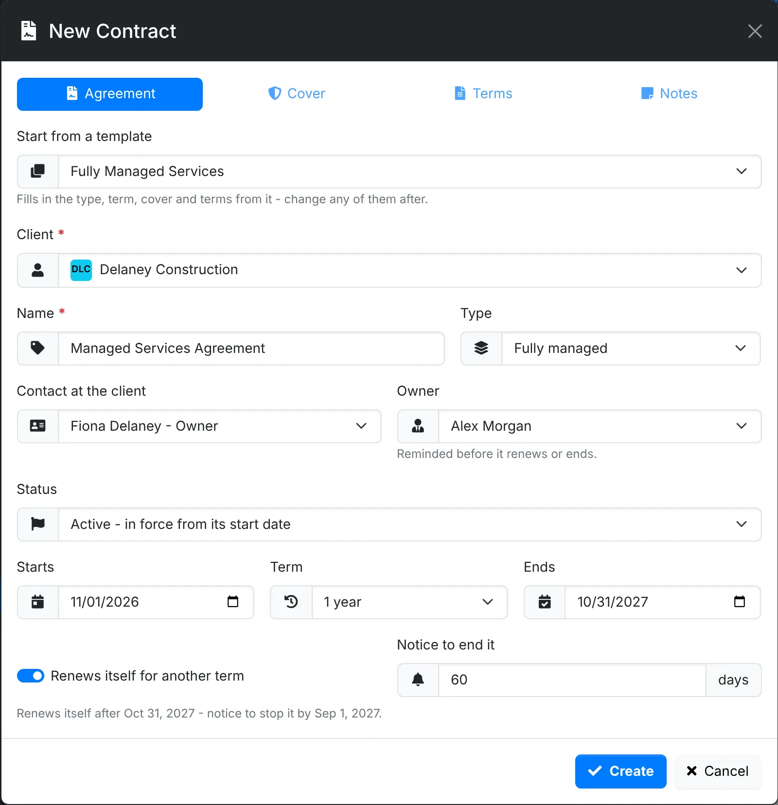 New Contract, the Agreement tab
