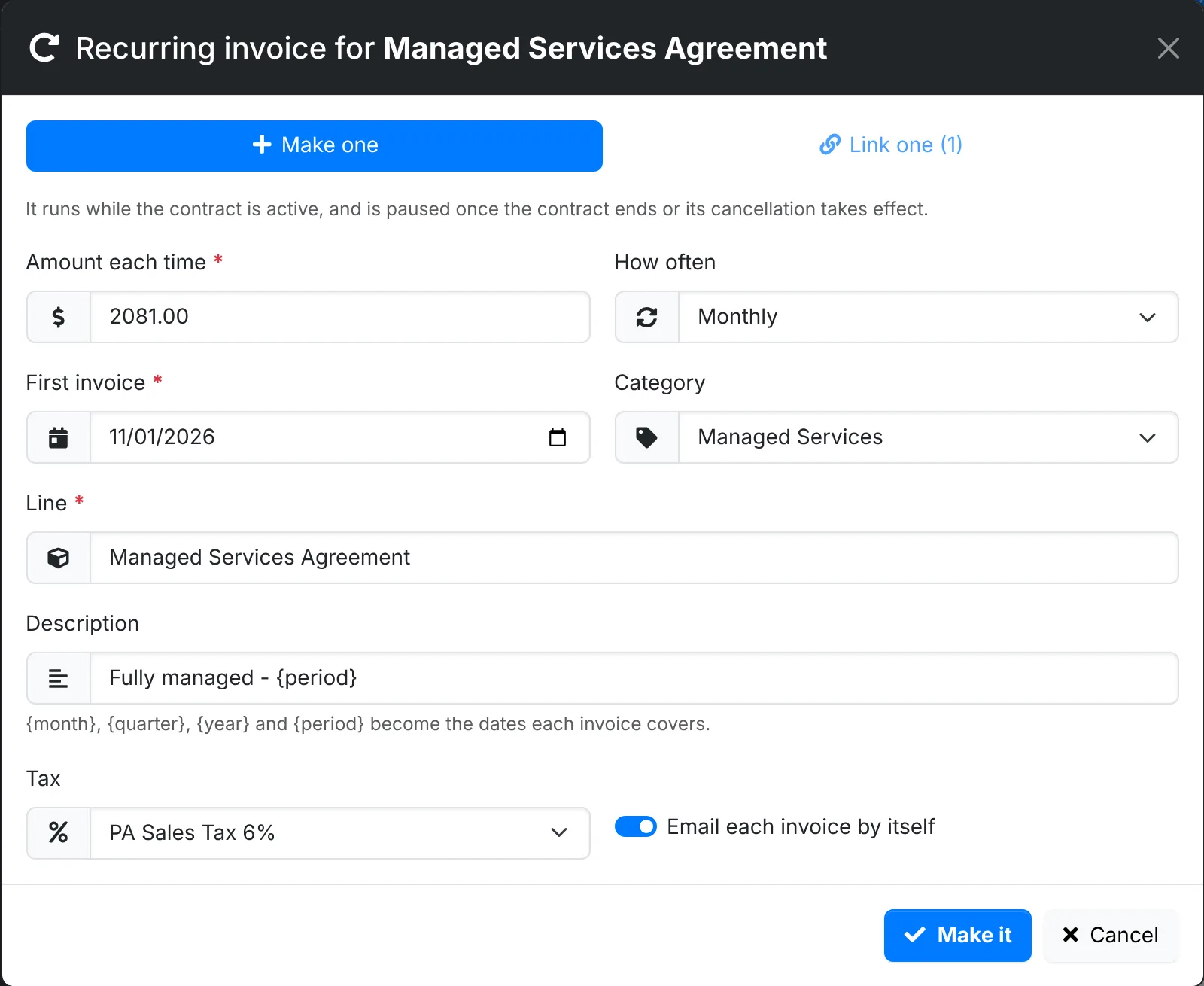 The Recurring invoice window
